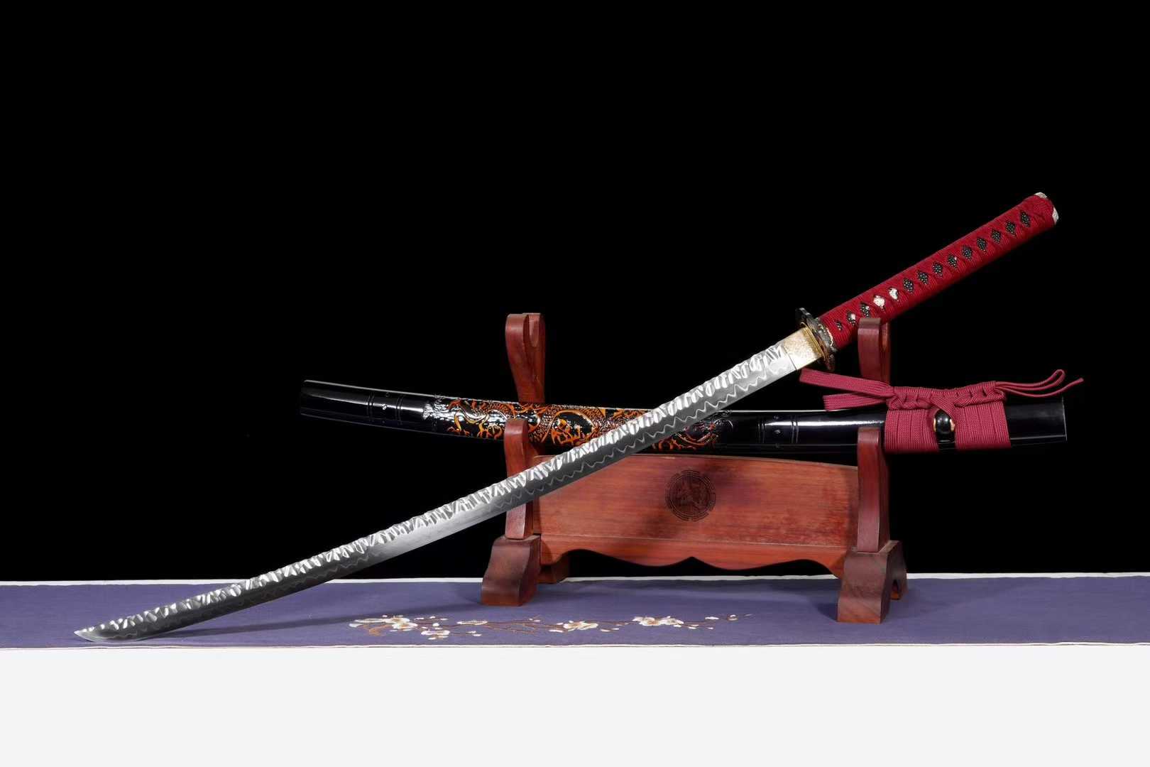 Kiếm Nhật Katana Thạch Văn Long Võ Sĩ – T10 Tôi Đất Cháy Lưỡi, Họa Tiết Vân Đá Rèn Tay, Cán Đồng Khảm Vàng Bạc, Trưng Bày & Sưu Tầm Cao Cấp